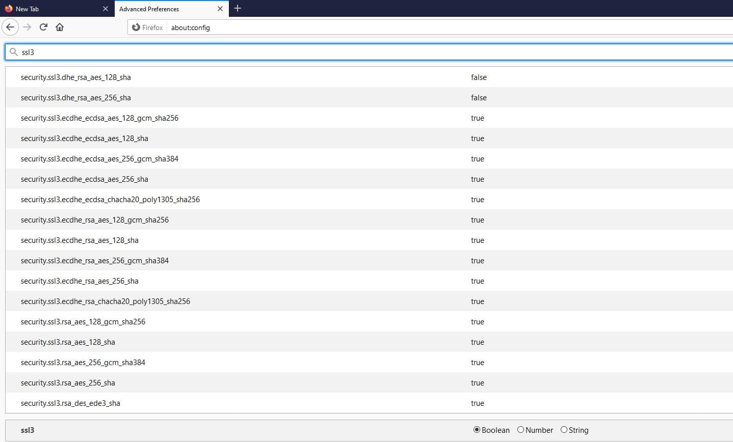 Una lista de configuraciones de SSl3 en Firefox.