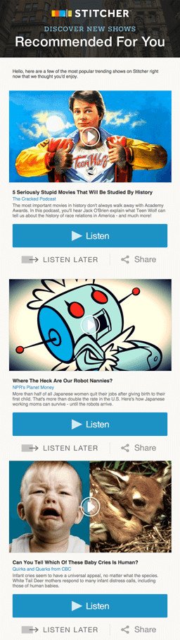 Ejemplo de campa&ntilde;a de marketing por correo electr&oacute;nico: Stitcher - "Recomendado para ti"