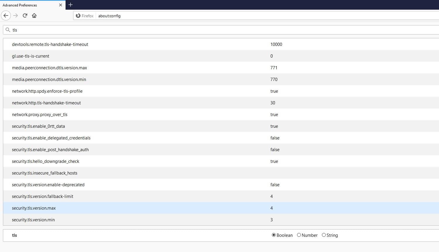 Una lista de configuraciones de TLS en Firefox.