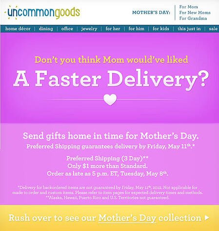 Ejemplo de campa&ntilde;a de marketing por correo electr&oacute;nico: productos poco comunes - "&iquest;No crees que a mam&aacute; le hubiera gustado un parto m&aacute;s r&aacute;pido?"