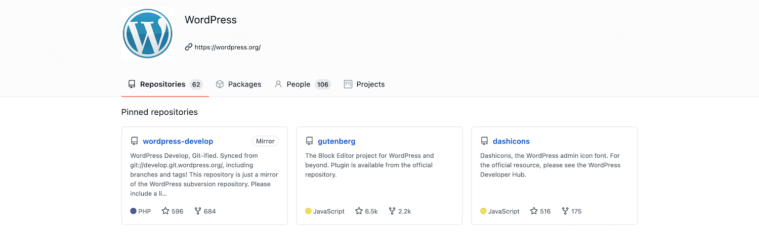 Tres de los muchos repositorios de WordPress GitHub.