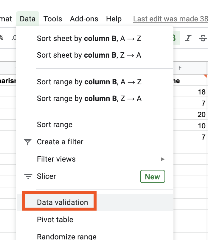 Seleccionar la validaci&oacute;n de datos en Google Sheets