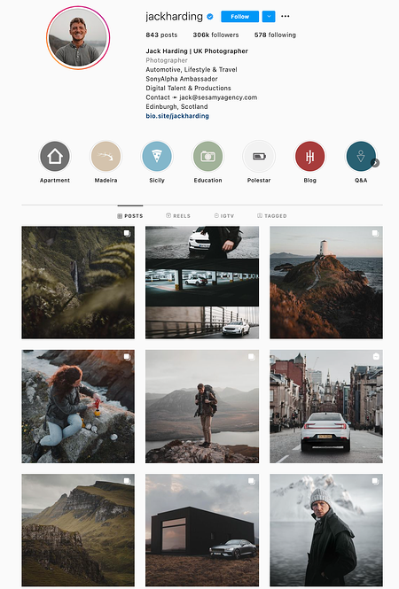 Ejemplo de tema de Instagram de colores oscuros