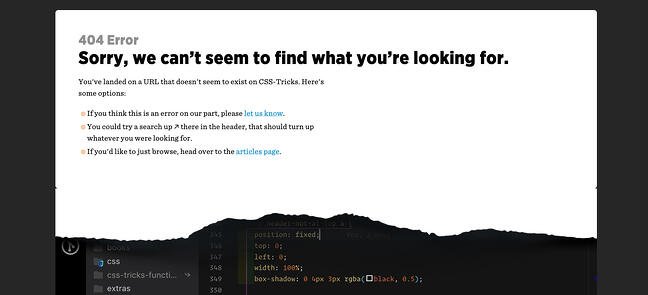 40 páginas de error 404 inteligentes de sitios web reales Ejemplo de página de error 404 de los trucos css del sitio web