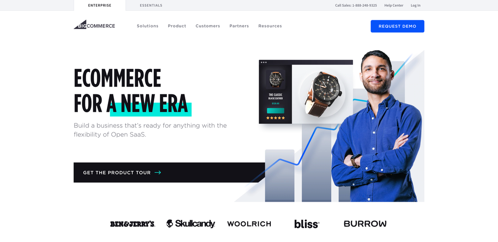 Las 15 mejores plataformas de comercio electrónico para construir su tienda en línea en 2021 Captura de pantalla del sitio web de BigCommerce que muestra su página principal