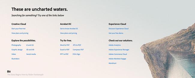 Ejemplo de p&aacute;gina de error 404 del sitio web adobe