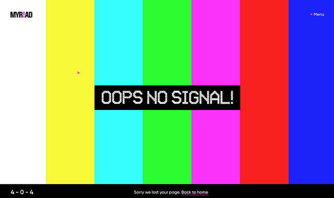 Ejemplo de p&aacute;gina de error 404 del sitio web myriad