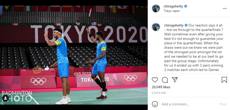 Publicaci&oacute;n de la publicaci&oacute;n ol&iacute;mpica de Chirag Shetty en su cuenta de Instagram