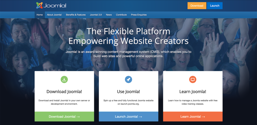 Las 15 mejores plataformas de comercio electrónico para construir su tienda en línea en 2021 Captura de pantalla de Joomla! sitio web que muestra su página principal
