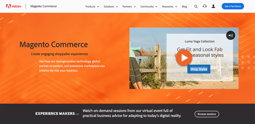 Las 15 mejores plataformas de comercio electrónico para construir su tienda en línea en 2021 Captura de pantalla del sitio web de Magento que muestra su página principal