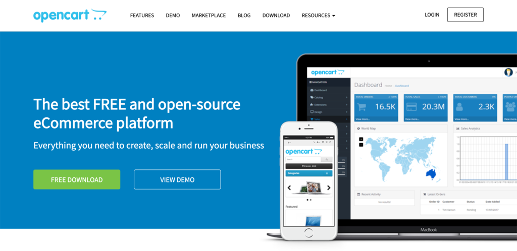 Las 15 mejores plataformas de comercio electrónico para construir su tienda en línea en 2021 Captura de pantalla del sitio web de OpenCart que muestra su página principal