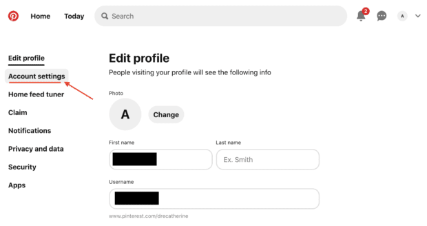 Cómo utilizar Pinterest para empresas: 8 estrategias que debes conocer configuración de la cuenta menú de la izquierda