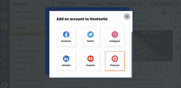 Cómo utilizar Pinterest para empresas: 8 estrategias que debes conocer seleccione Pinterest para agregar a la cuenta de Hootsuite
