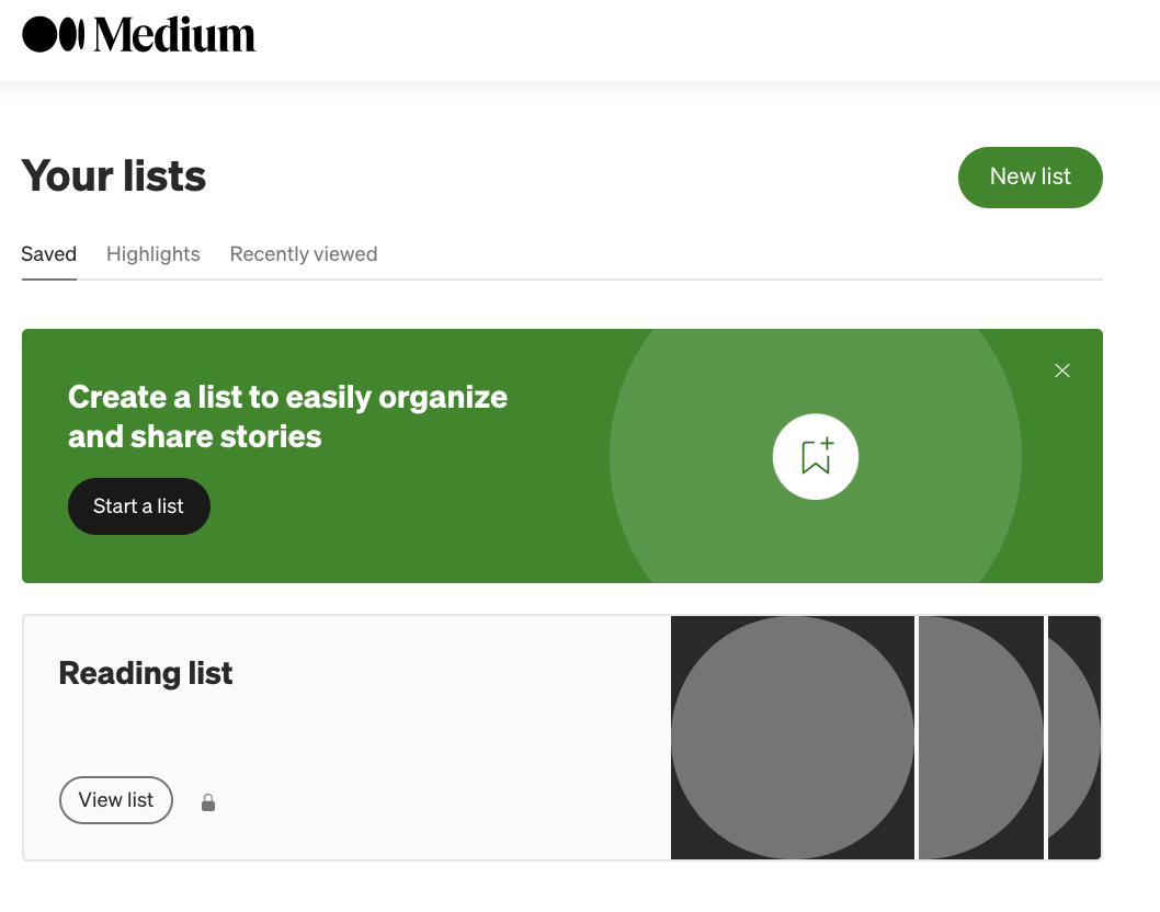Cómo usar Medium: una guía para principiantes sobre redacción, publicación y promoción en la plataforma La página de Listas donde puede encontrar las publicaciones de Medium que ha marcado
