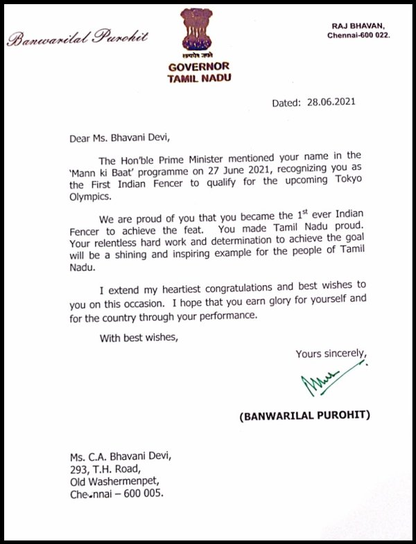 Shri Banwarilal Purohit Sir, honorable gobernador de Tamil Nadu expres&oacute; su agradecimiento a Bhavani Devi