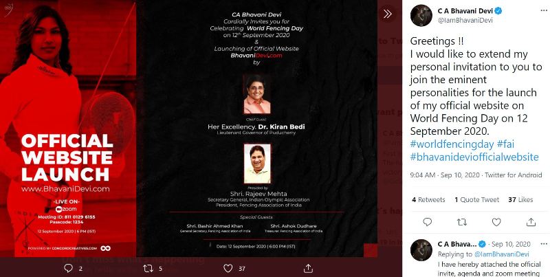 La publicaci&oacute;n de CA Bhavani en Twitter indica el lanzamiento de su sitio web oficial en 2020