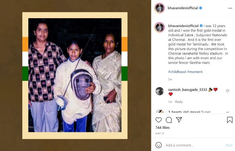 La captura de pantalla de la publicaci&oacute;n de Instagram de Bhavani Devis (cuando gan&oacute; su primera medalla de oro en Sable individual a la edad de 12 a&ntilde;os)