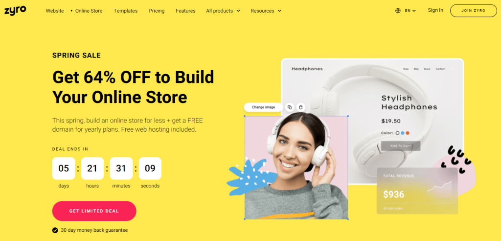 Las 15 mejores plataformas de comercio electrónico para construir su tienda en línea en 2021 Captura de pantalla del sitio web de Zyro que muestra su portada y venta de primavera