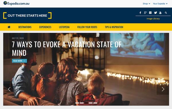 ejemplo de marketing de contenido de la p&aacute;gina principal del blog de expedia