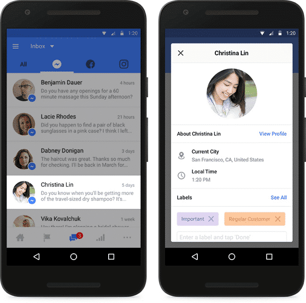 Tarjeta de contexto para una persona en Facebook Messenger