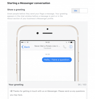 Saludo de Facebook Messenger que dice: "&iexcl;Hola! Gracias por ponerte en contacto ..."