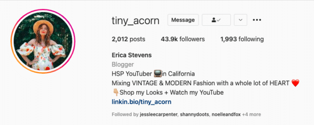 Cómo encontrar influencers de Instagram que funcionen para su negocio Biografía de la influencer de Instagram de Tiny Acorn