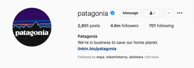 Cómo encontrar influencers de Instagram que funcionen para su negocio La biografía de Instagram de Patagonia declara sus valores de marca