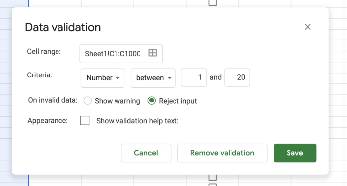 Rango para la validaci&oacute;n de datos en Google Sheets