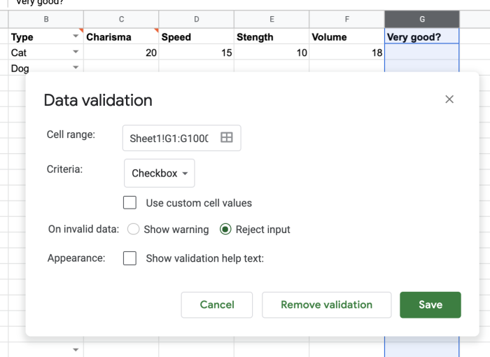 Casilla de verificaci&oacute;n para la validaci&oacute;n de datos en Google Sheets