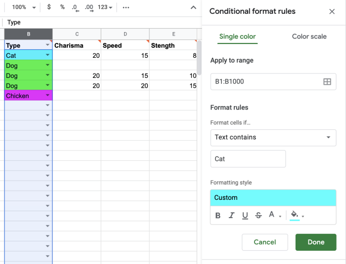 Configurar reglas de formato condicional en Google Sheets