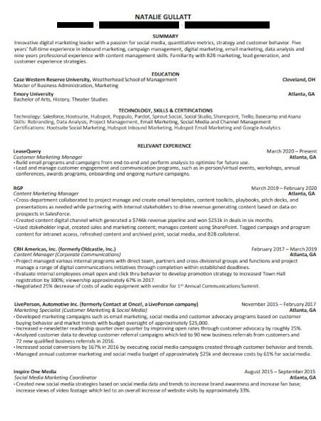Ejemplo de curriculum vitae de marketing: Natalie Gullatt