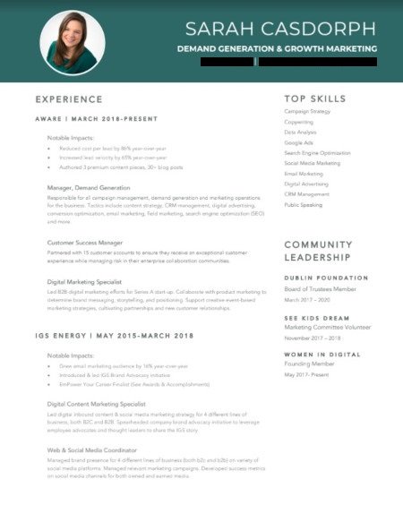 Ejemplo de curriculum vitae de marketing: Sarah Casdorph P&aacute;gina 1