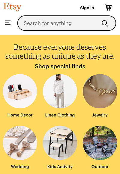 dise&ntilde;o de sitios web m&oacute;viles: p&aacute;gina de inicio de etsy