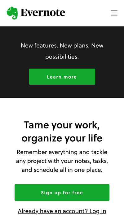 dise&ntilde;o de sitios web m&oacute;viles: p&aacute;gina de inicio m&oacute;vil de evernote