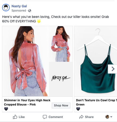 ejemplo de anuncio reorientado en Facebook por nastygal