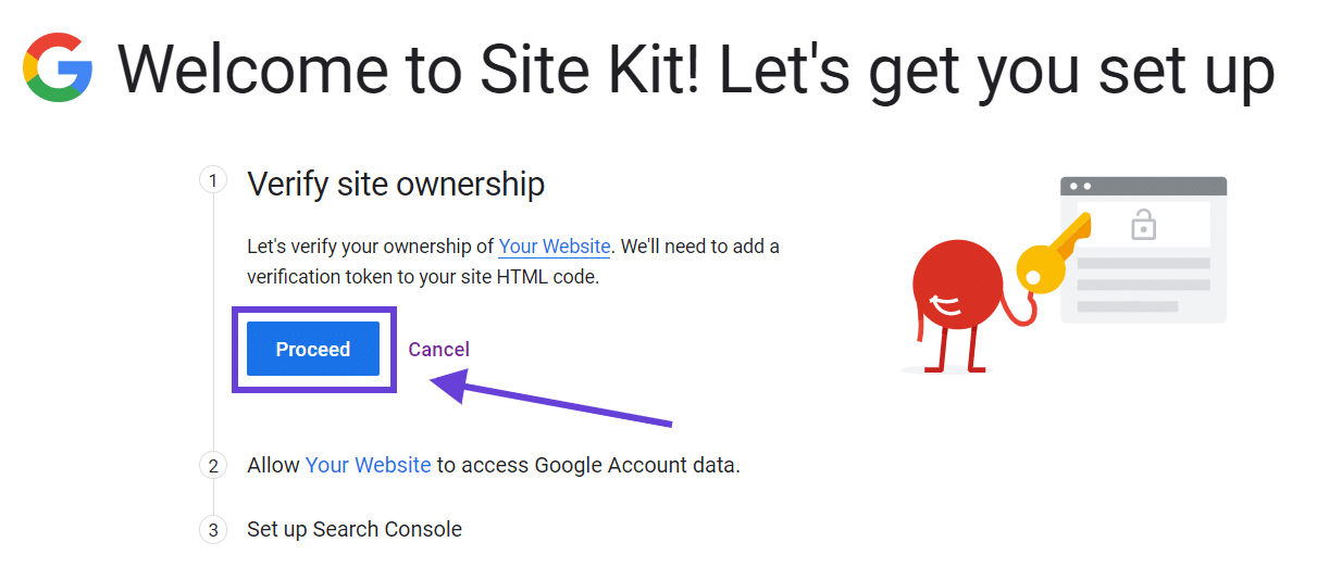 La opción para habilitar Site Kit para verificar que es el propietario de su sitio web con una flecha que apunta al 
