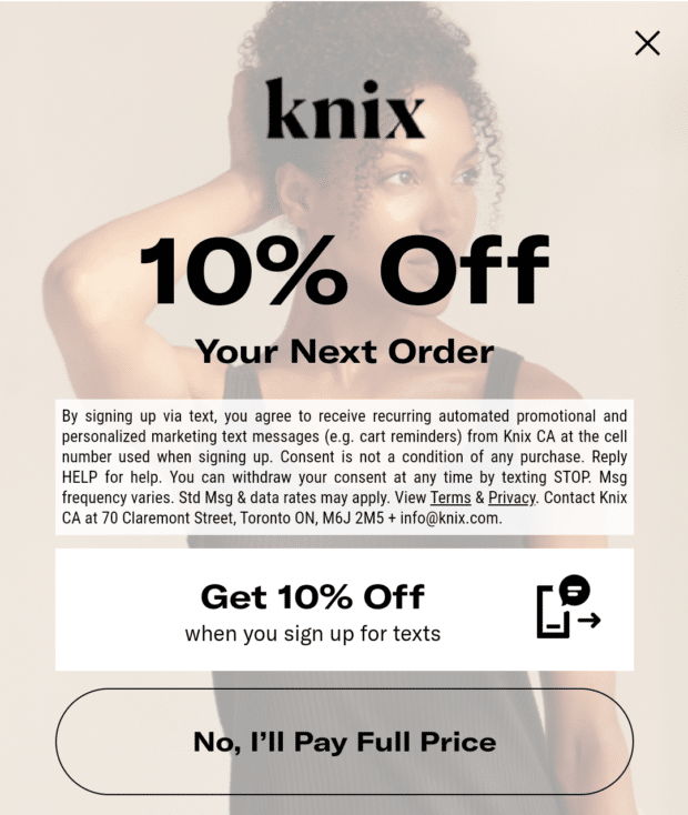 La guía para principiantes de marketing por SMS: todo lo que necesita saber Knix 10% de descuento en suscripción de SMS para el próximo pedido