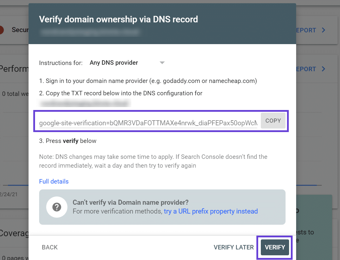 Registro TXT resaltado para verificar la propiedad a través de DNS