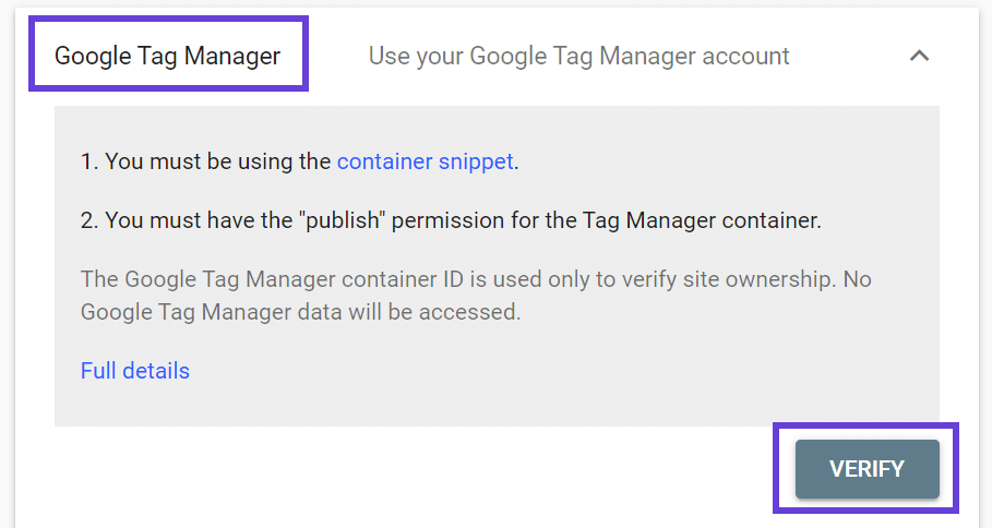 La pantalla para verificar su cuenta de Google Tag Manager con el 