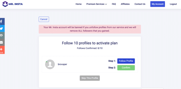 ¿Quieres comprar seguidores de Instagram? Esto es lo que sucede cuando lo haces El Sr. Insta solicita seguir 10 perfiles para activar su plan "comprar seguidores de instagram"