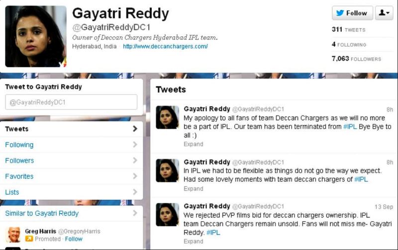 Gayatri Reddy sobre la terminaci&oacute;n de Deccan Chargers