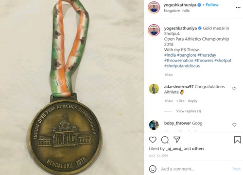 Publicaci&oacute;n de Instagram de Yogesh Kathuniya sobre la medalla de oro