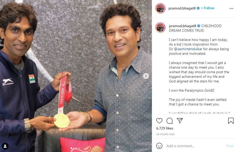 La publicaci&oacute;n de Instagram de Pramod Bhagat que comparti&oacute; despu&eacute;s de conocer al legendario Sachin Tendulkar