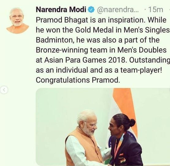 La publicaci&oacute;n de Instagram del primer ministro Narendra Modi felicitando a Pramod Bhagat por ganar el oro en los Juegos Asi&aacute;ticos Para 2018