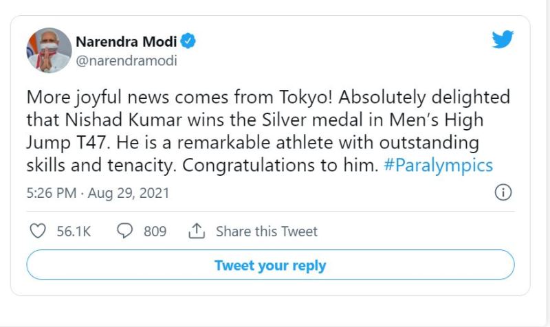 El tweet del primer ministro Narendra Modi para Nishad Kumar sobre su victoria por la medalla de plata en los Juegos Paral&iacute;mpicos de Tokio 2020