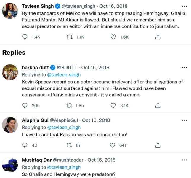 Tavleen Singh criticada por su tweet apoyando a MJ Akbar