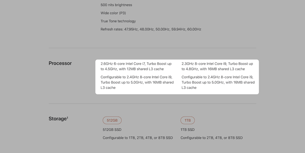 Las especificaciones de Apple MacBook, que muestran un cach&eacute; incorporado.