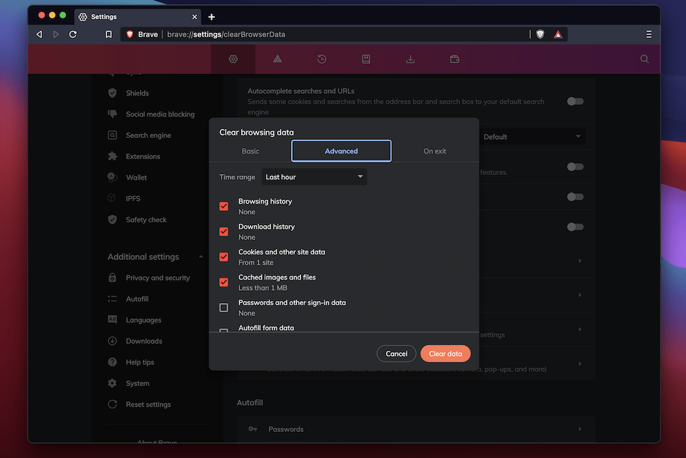Secci&oacute;n de privacidad y seguridad de Brave.