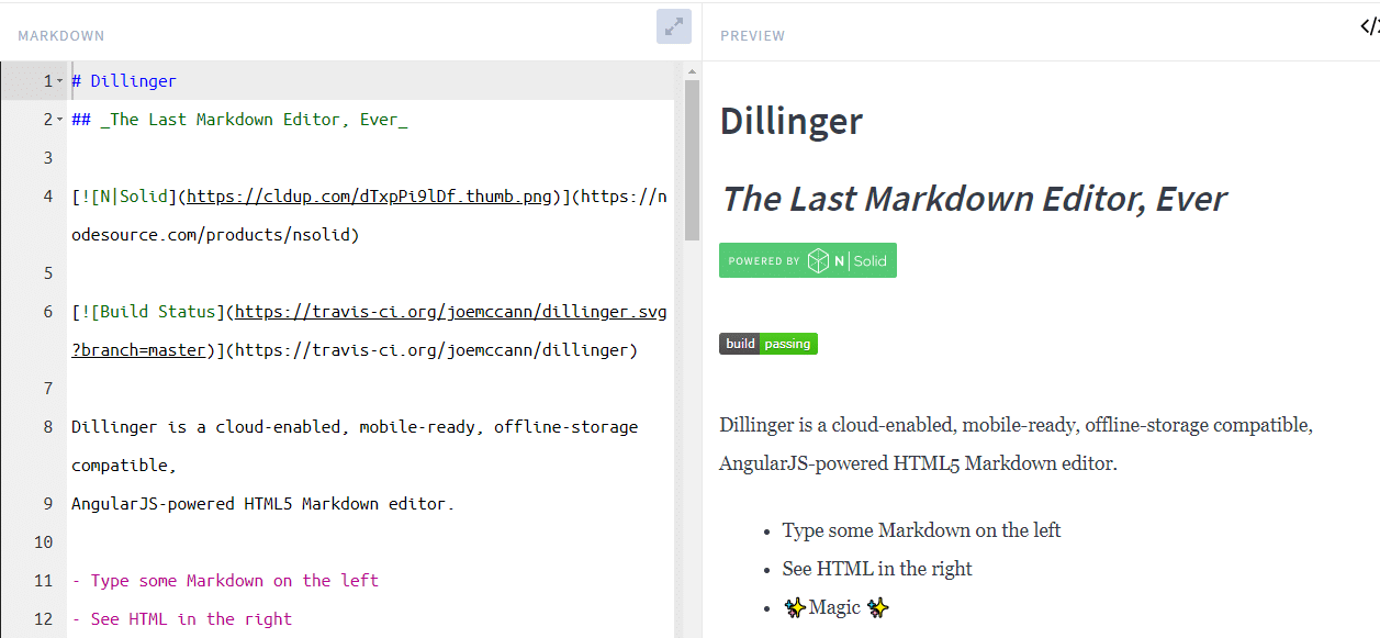 El editor de rebajas de Dillinger que muestra el texto de relleno marcado a la izquierda y el texto con estilo resultante a la derecha.