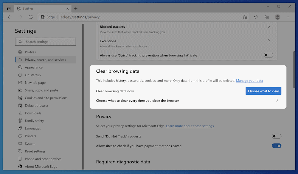 Las opciones de almacenamiento en cach&eacute; de Microsoft Edge.